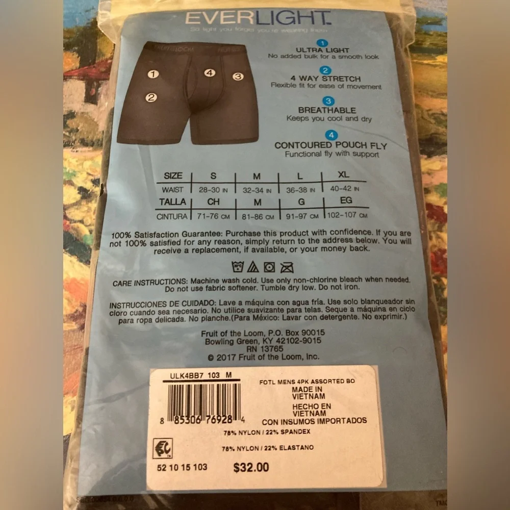 New Fruit of the Loom 4-Pack Everlight Boxer Briefs Breathable Nylon/Spandex Med